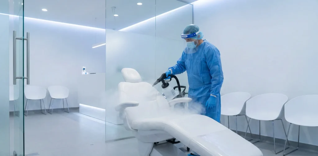 Καθαρισμός και απολύμανση ιατρικού εξοπλισμού και χώρων αναμονής σε κλινικές και ιατρεία.