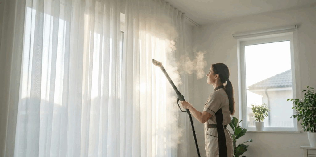 Καθαρισμός κουρτινών με ατμό επί τόπου χωρίς ξεκρέμασμα.